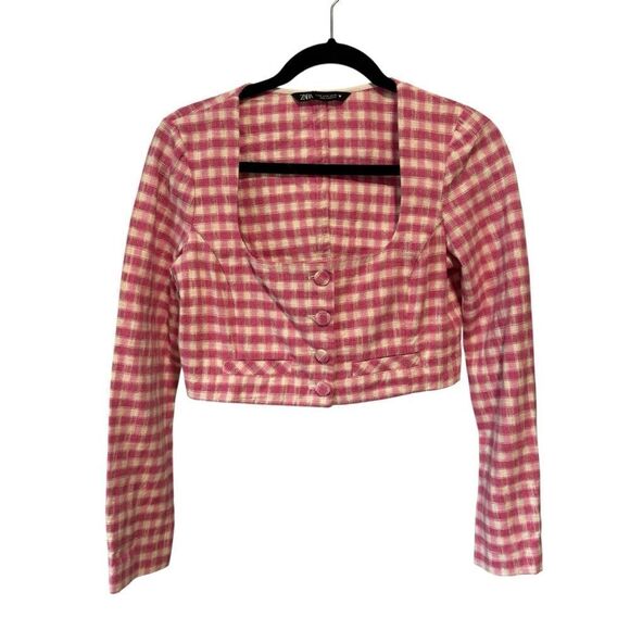 Zara Pink Plaid Gingham Checkered Cotton Crop Top - Picture 7 of 13